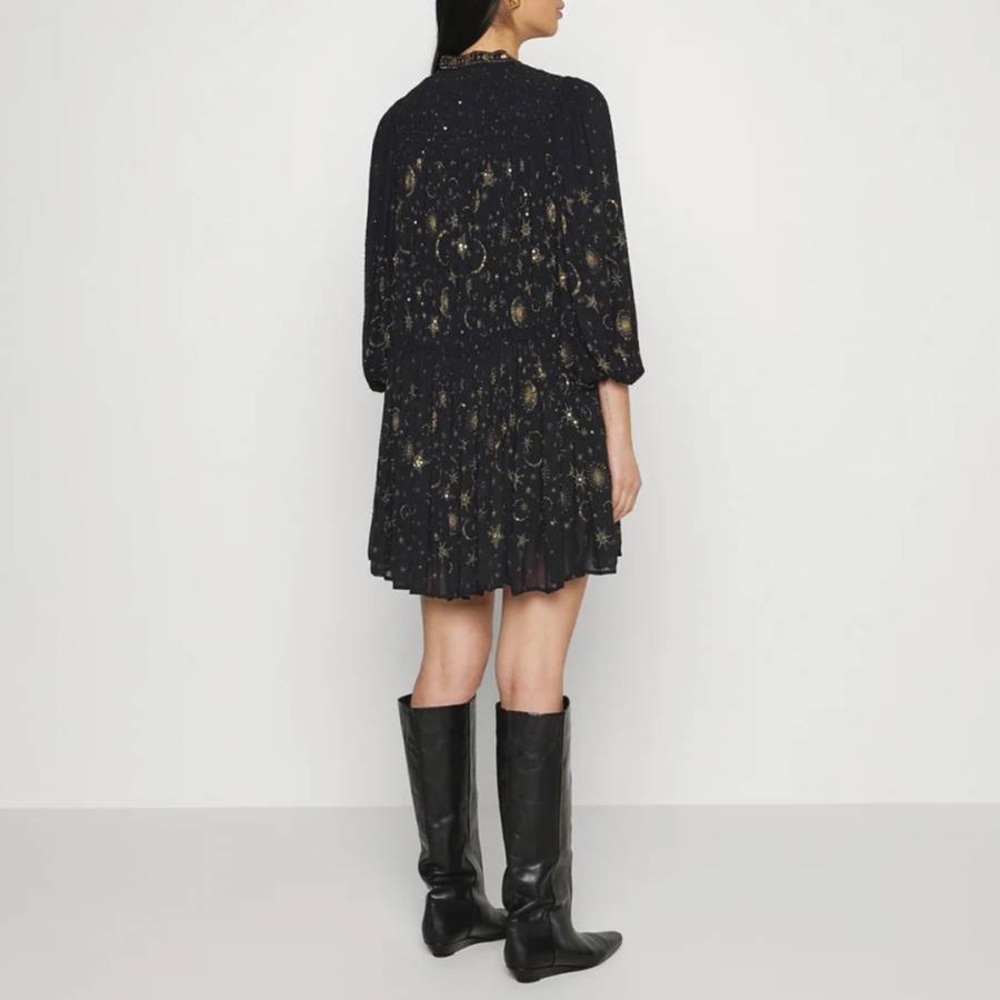 All Saints Black and Gold Smocked A-Line Dress - Picture 3 of 15